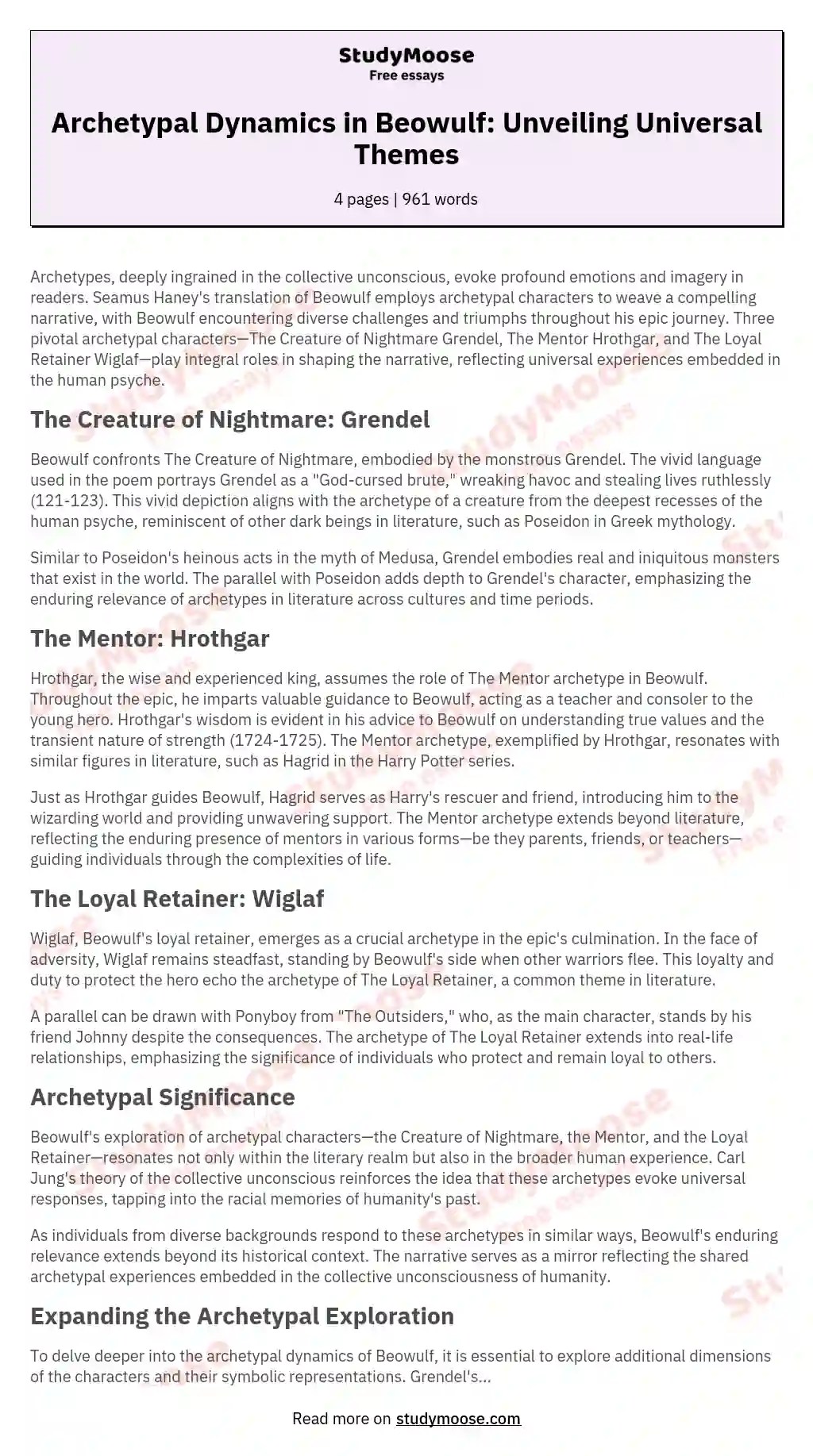 Archetypal Dynamics in Beowulf Unveiling Universal Themes Free Essay