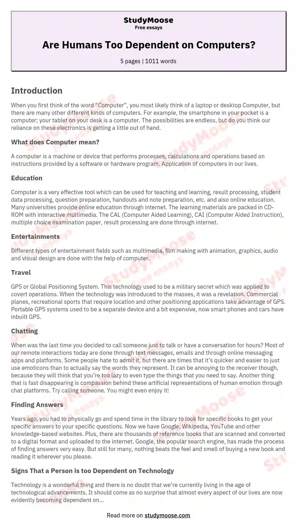 Are Humans Too Dependent on Computers? Free Essay Example