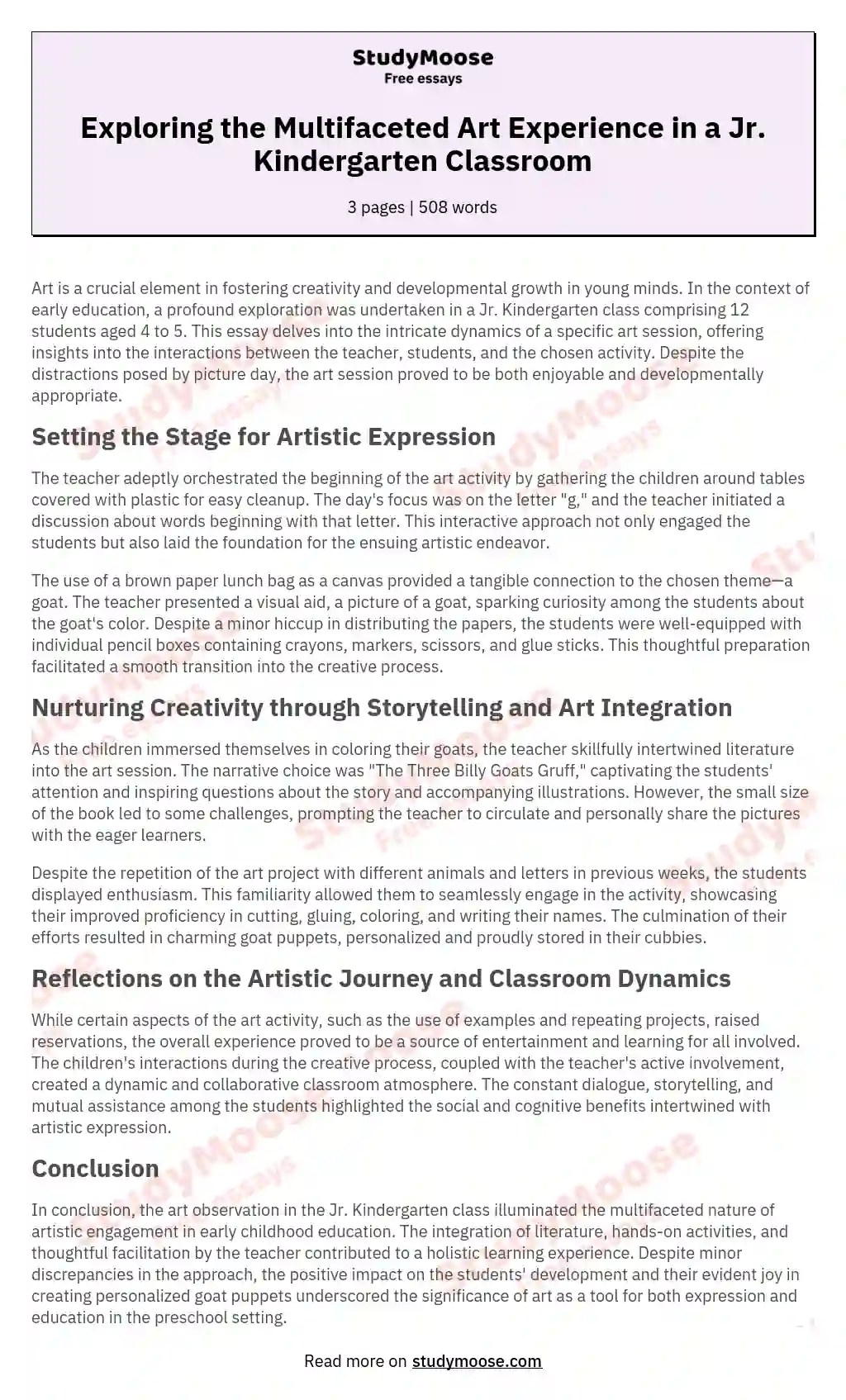 Exploring the Multifaceted Art Experience in a Jr. Kindergarten