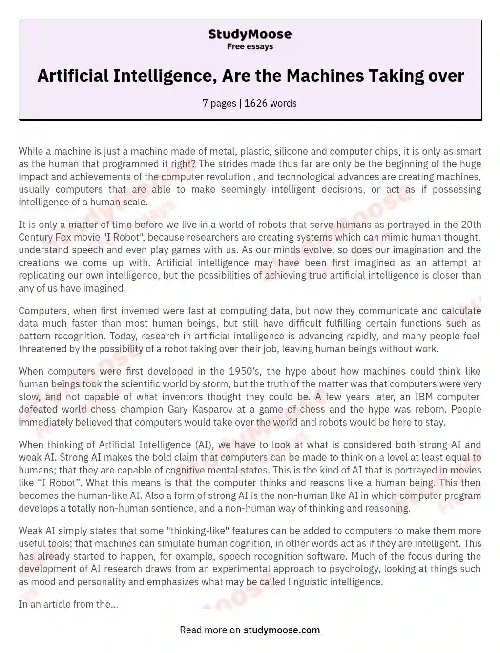 Artificial Intelligence, Are the Machines Taking over Free Essay Example