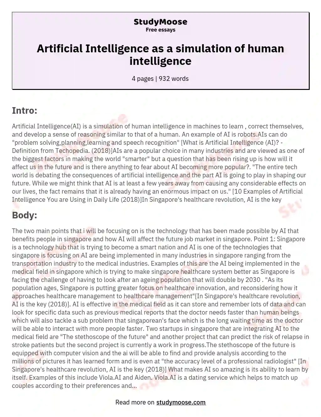 Artificial Intelligence as a simulation of human intelligence Free