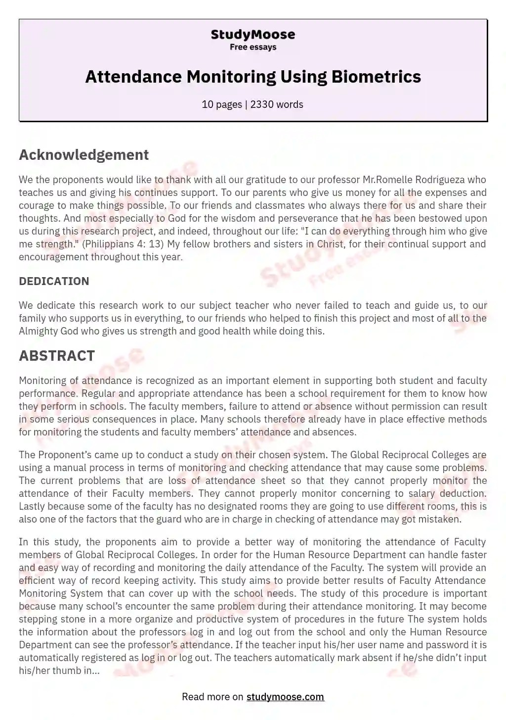 Attendance Monitoring Using Biometrics Free Essay Example