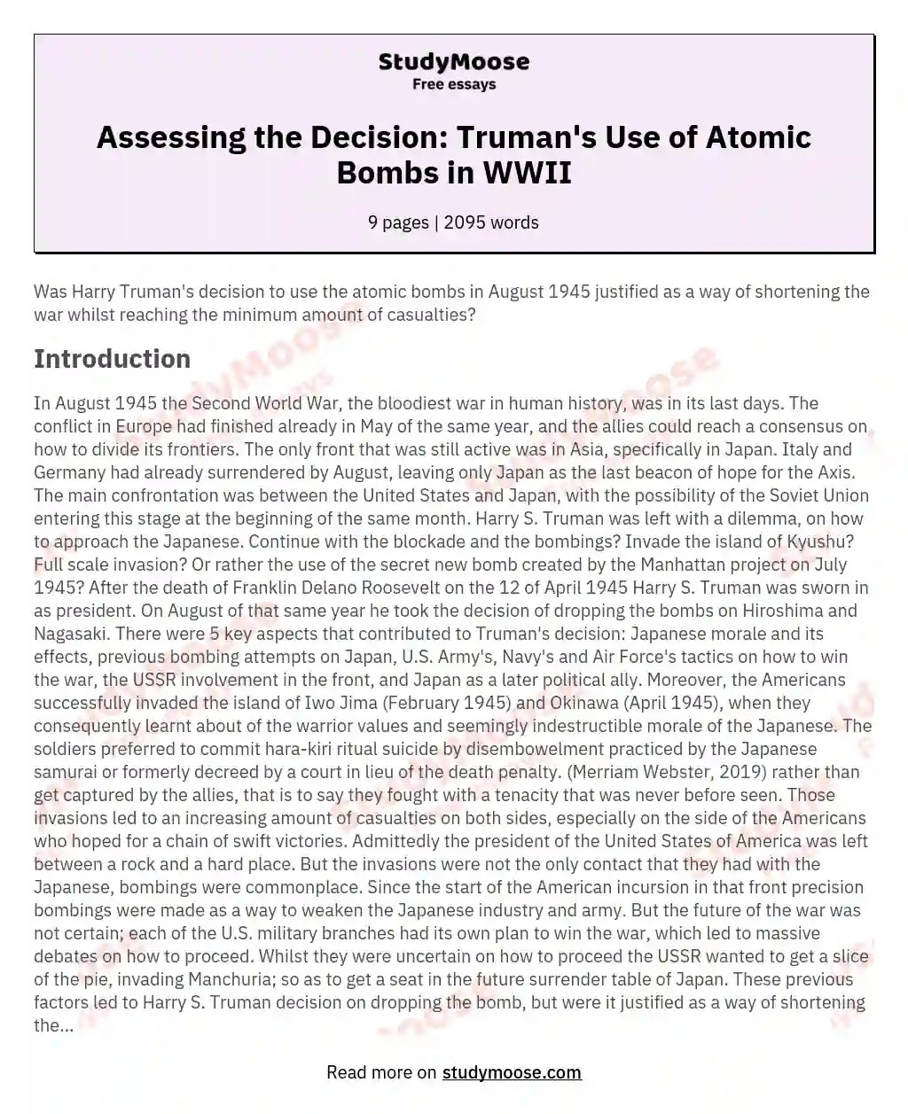 Assessing the Decision Truman's Use of Atomic Bombs in WWII Free Essay