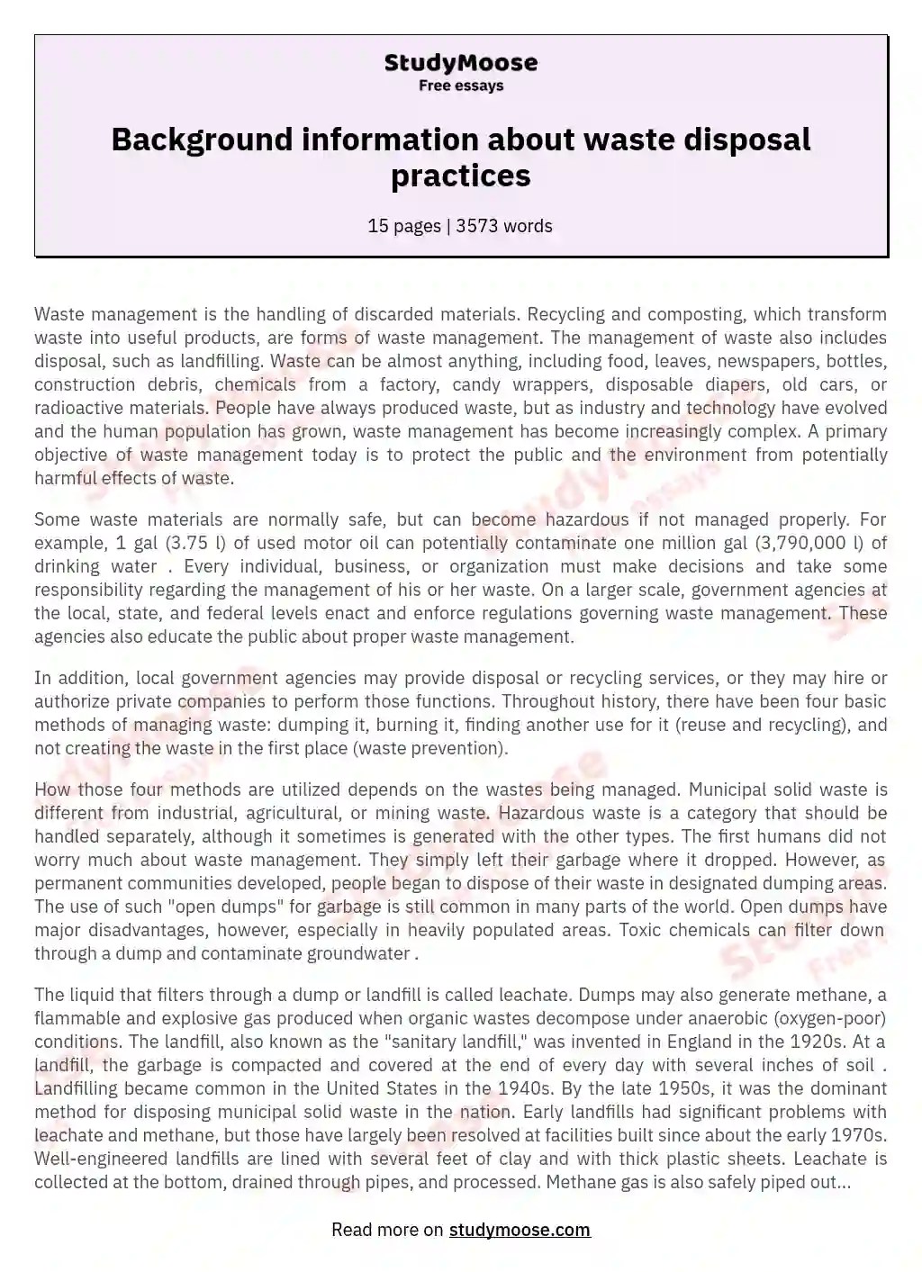 Background information about waste disposal practices Free Essay Example