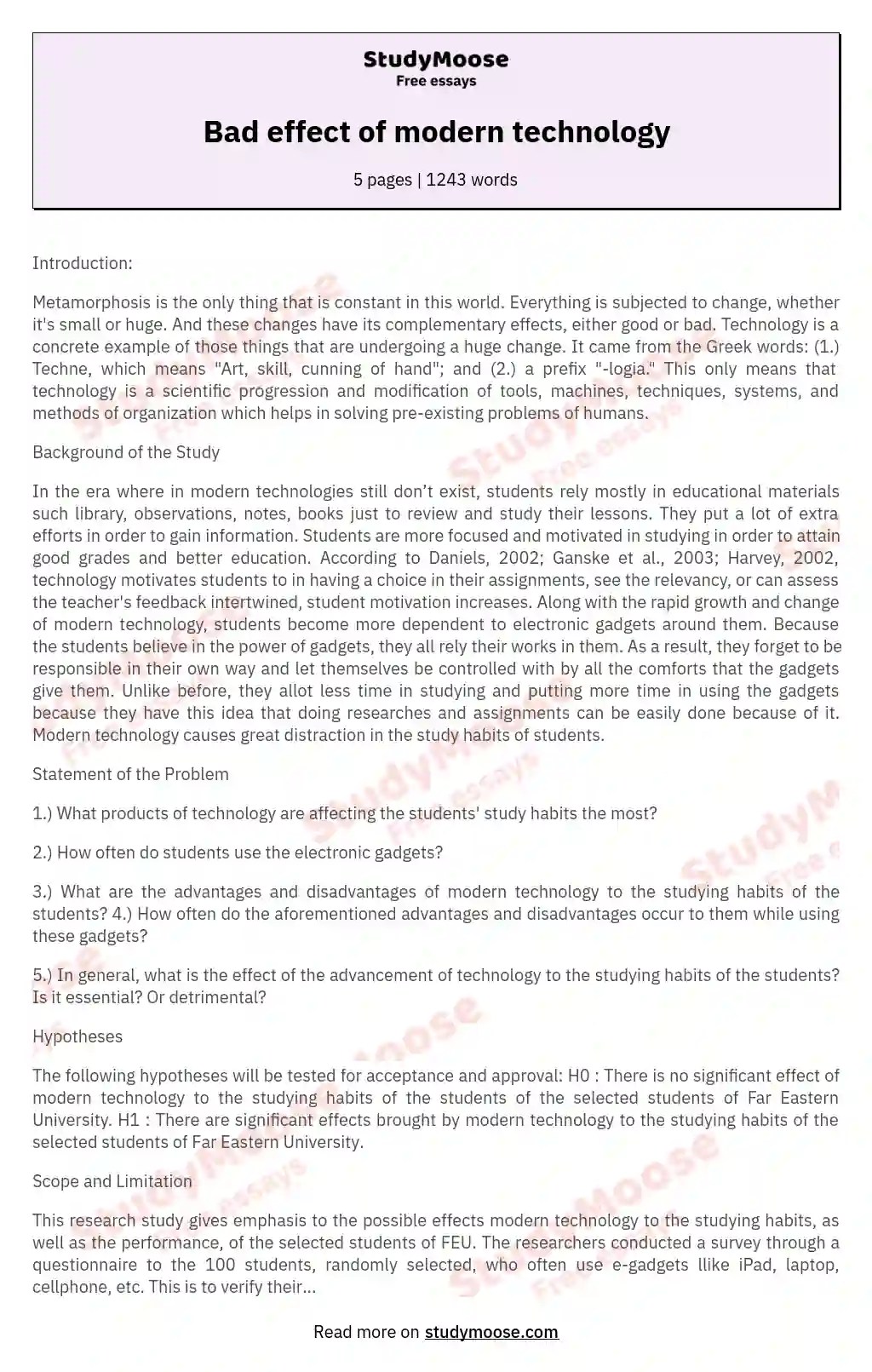 Bad effect of modern technology Free Essay Example