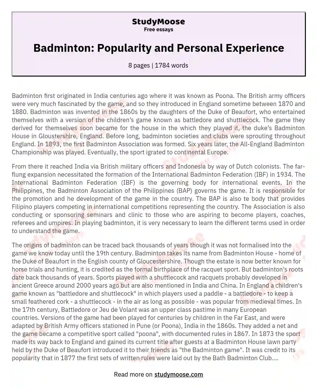 Badminton Popularity and Personal Experience Free Essay Example