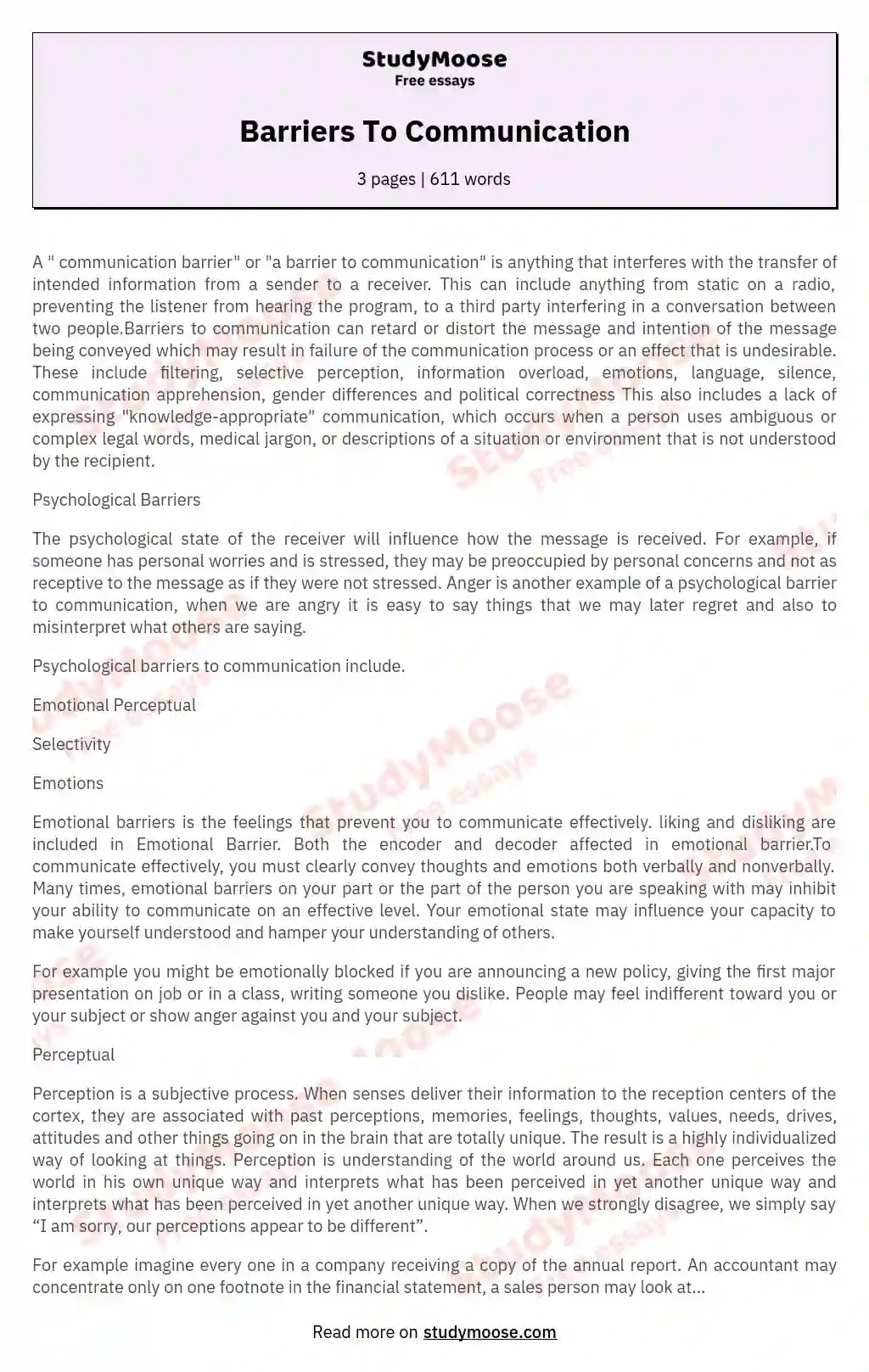 Barriers To Communication Free Essay Example