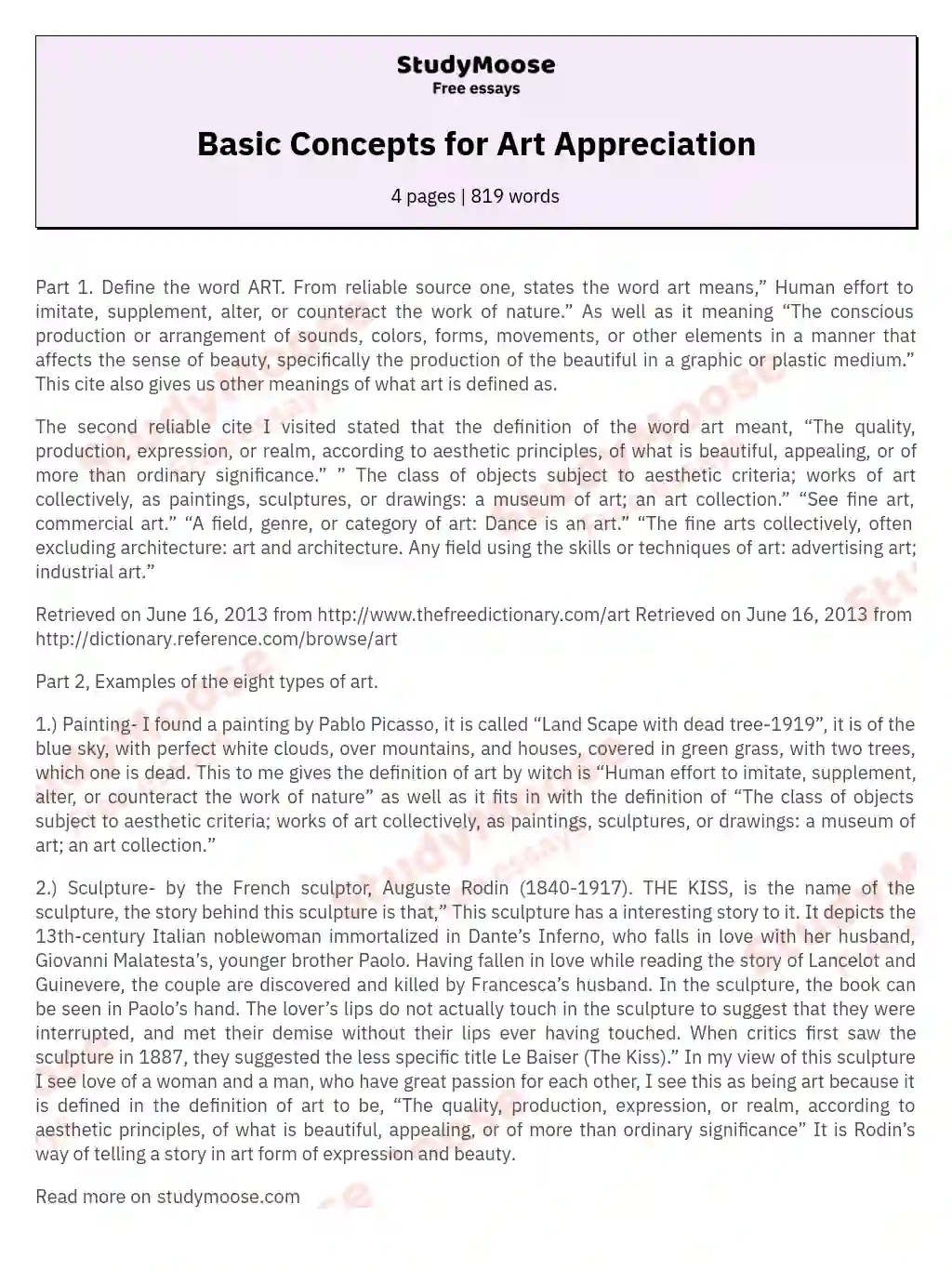 Basic Concepts for Art Appreciation Free Essay Example