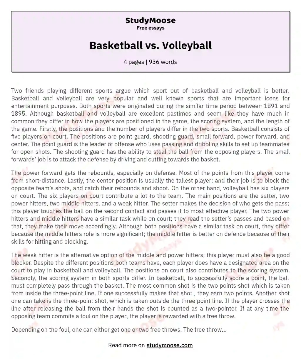 Basketball vs. Volleyball Free comparison essay example, compare and contrast paper