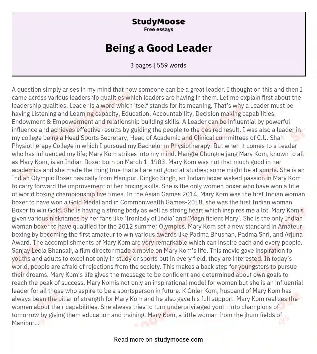 Being a Good Leader Free Essay Example