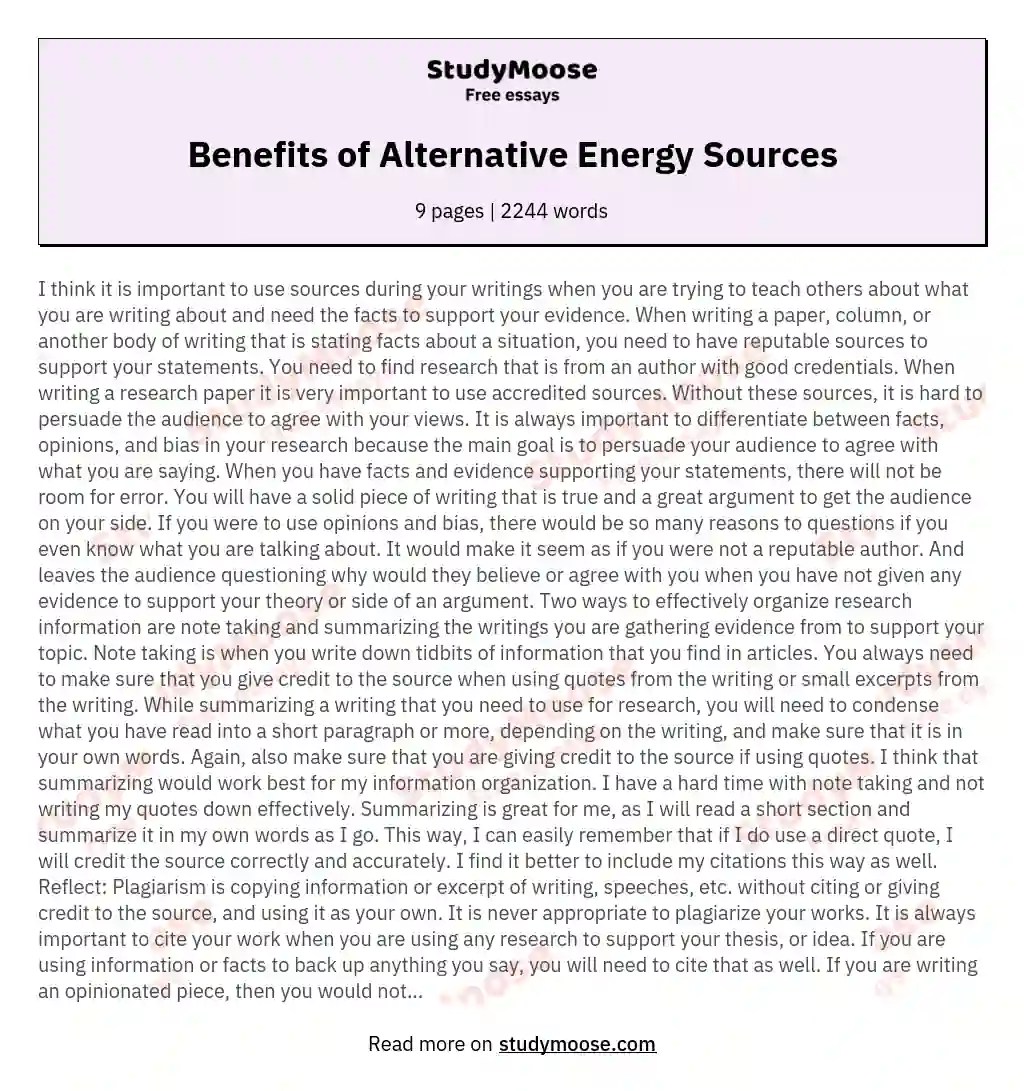 Benefits of Alternative Energy Sources Free Essay Example
