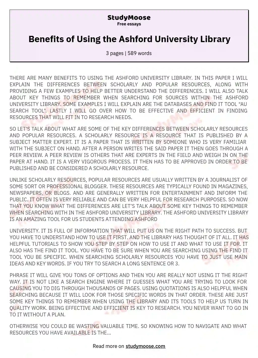 Benefits of Using the Ashford University Library Free Essay Example