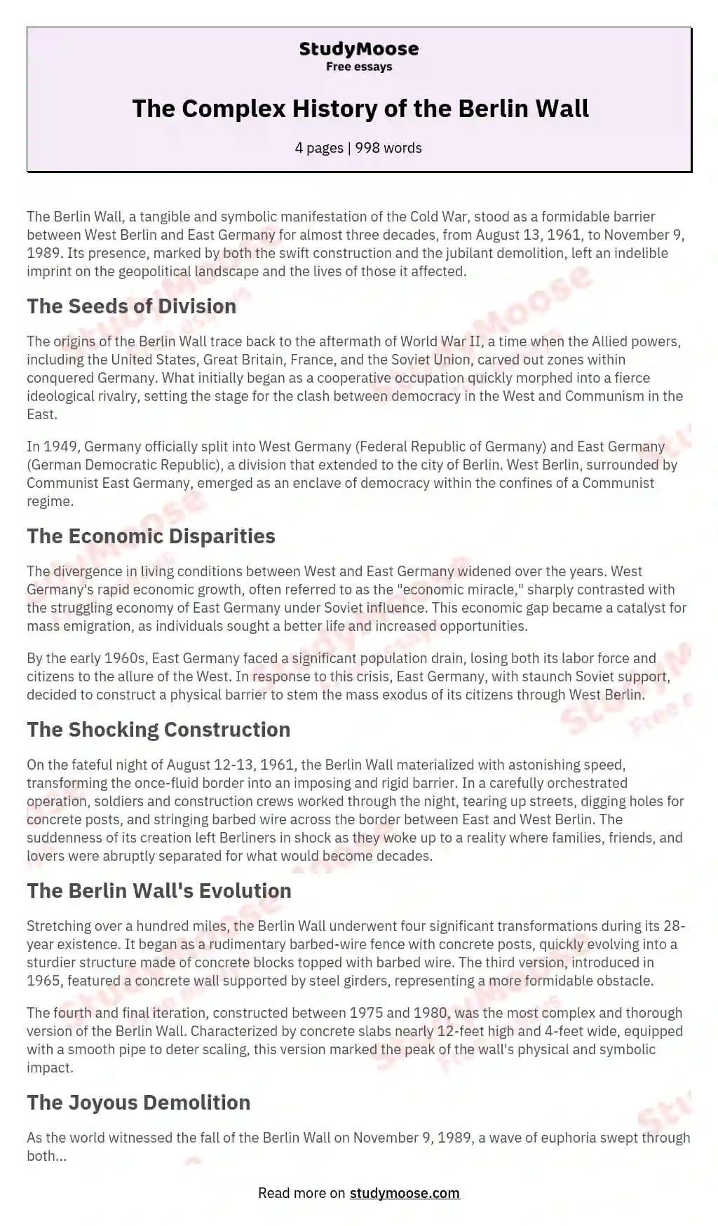 The Complex History of the Berlin Wall Free Essay Example