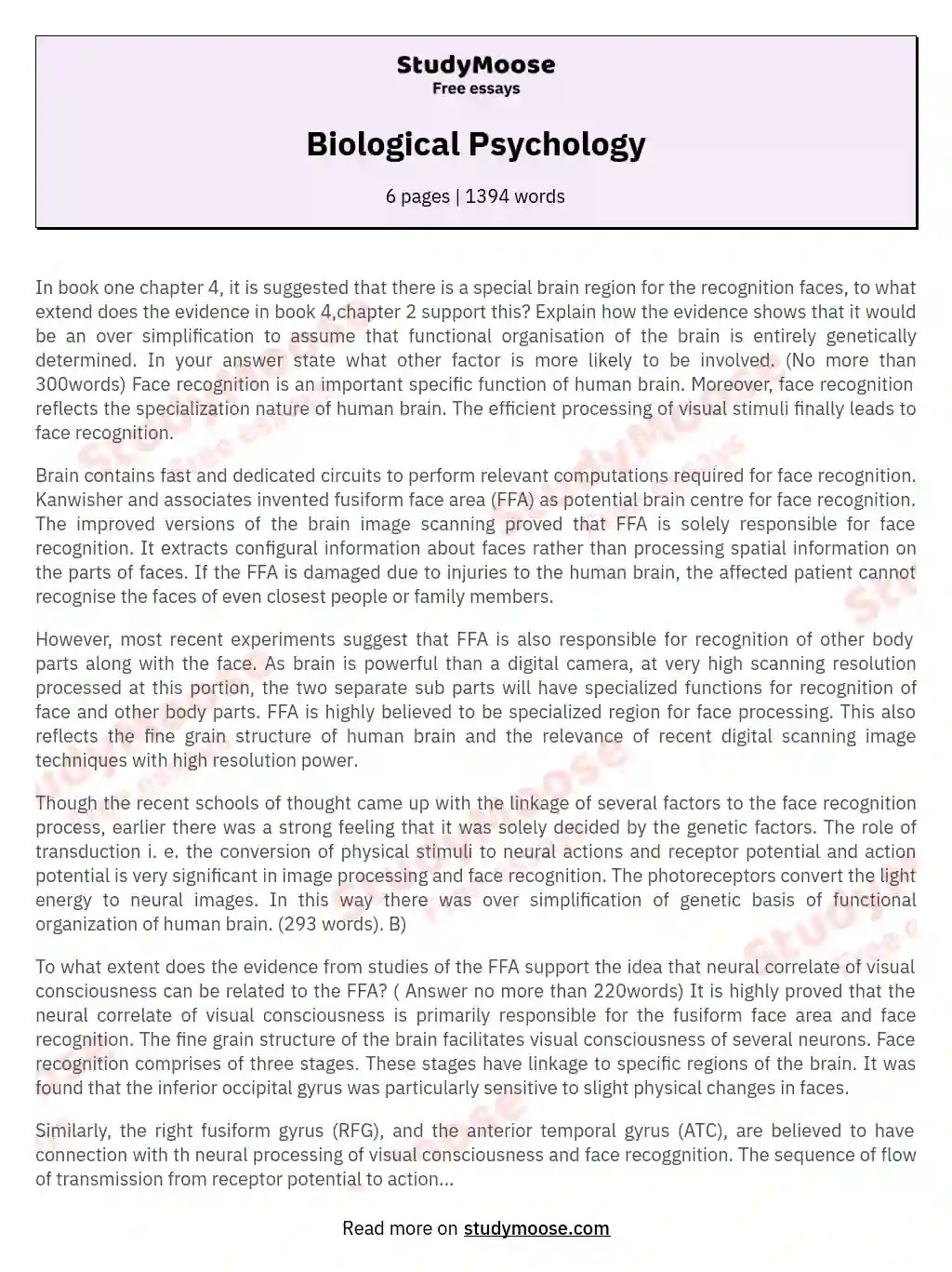 Biological Psychology Free Essay Example