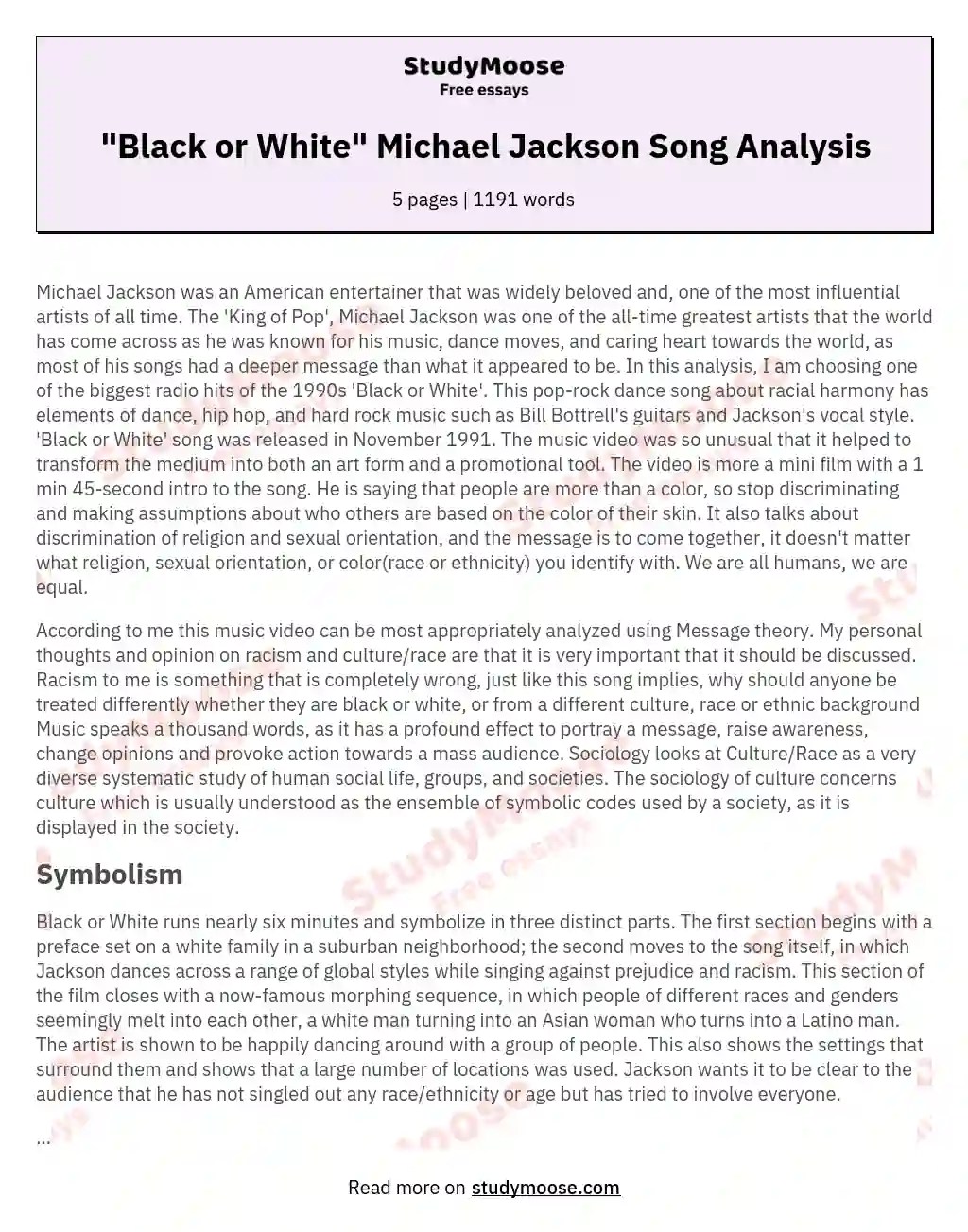 Black or White Michael Jackson Song Analysis Free comparison essay