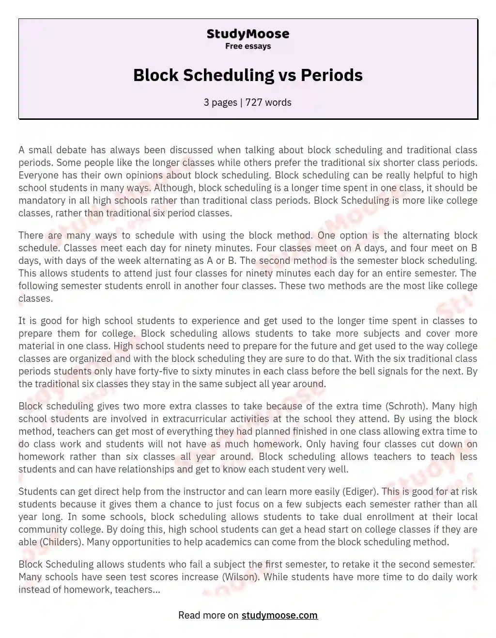 Block Scheduling vs Periods Free comparison essay example, compare and contrast paper