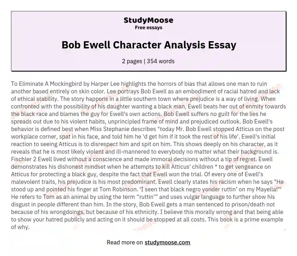 Bob Ewell Character Analysis Essay Free Essay Example