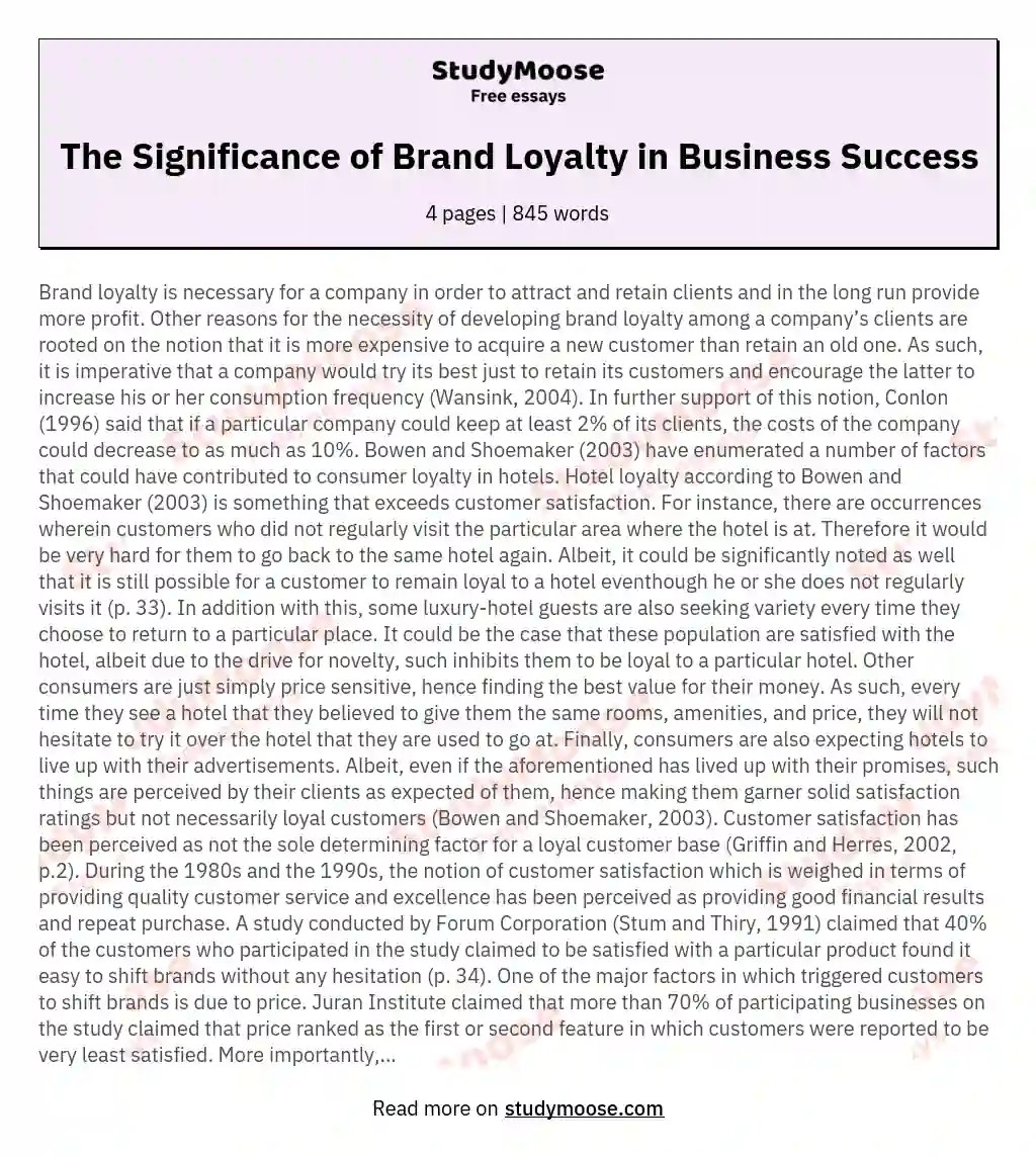 The Significance of Brand Loyalty in Business Success Free Essay Example