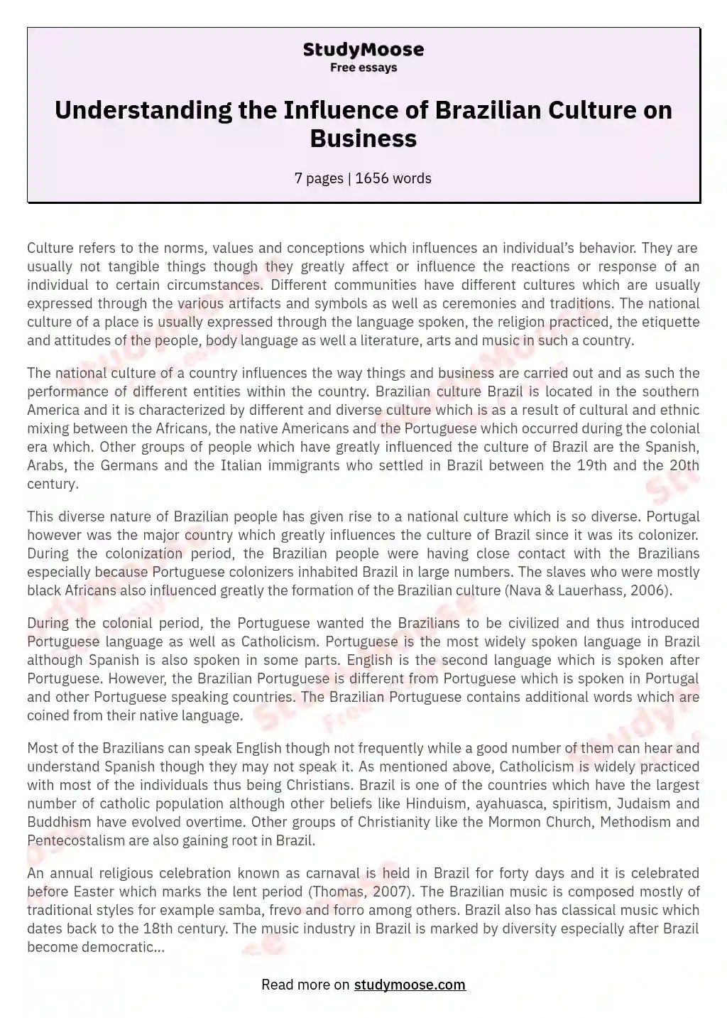 Understanding the Influence of Brazilian Culture on Business Free Essay