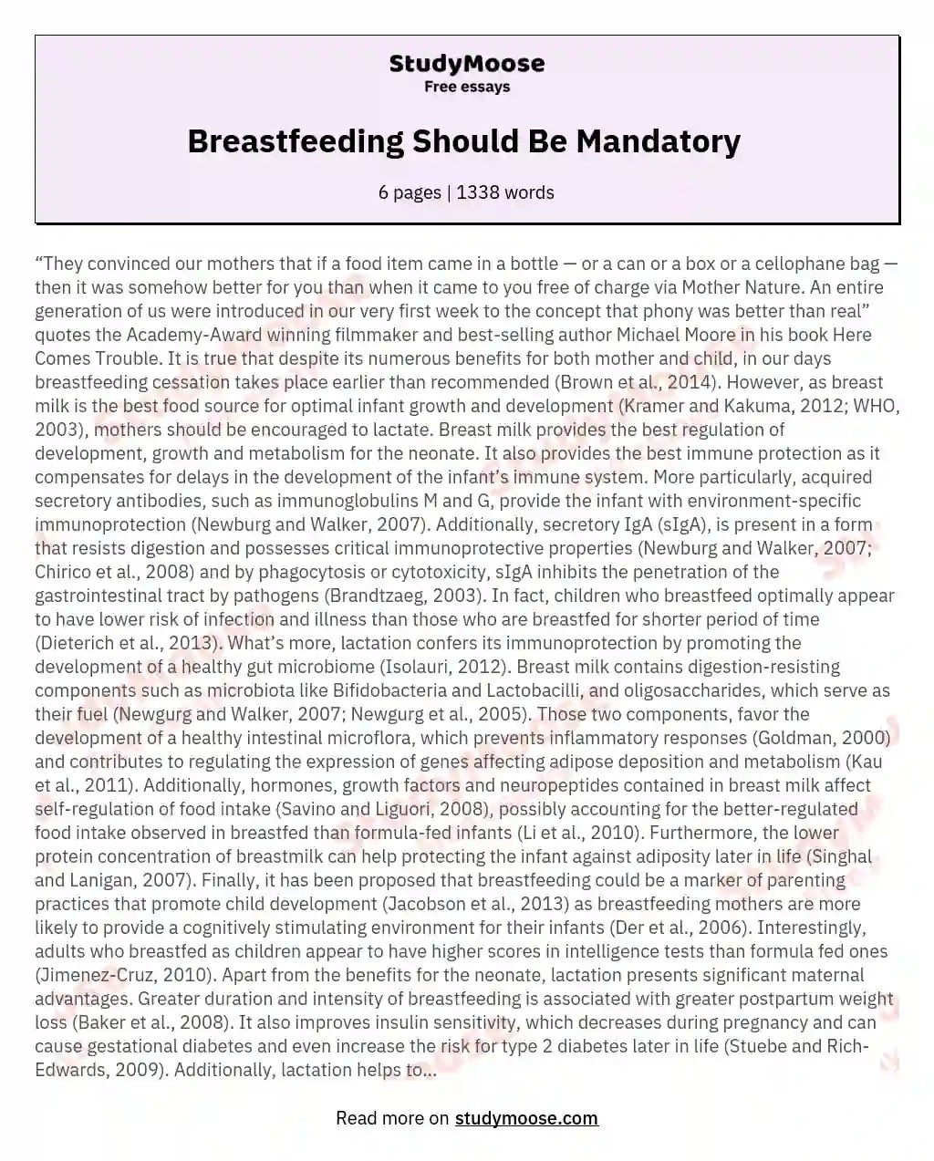 Breastfeeding Should Be Mandatory Free Essay Example