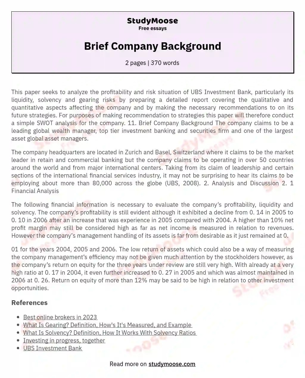 Brief Company Background Free Essay Example