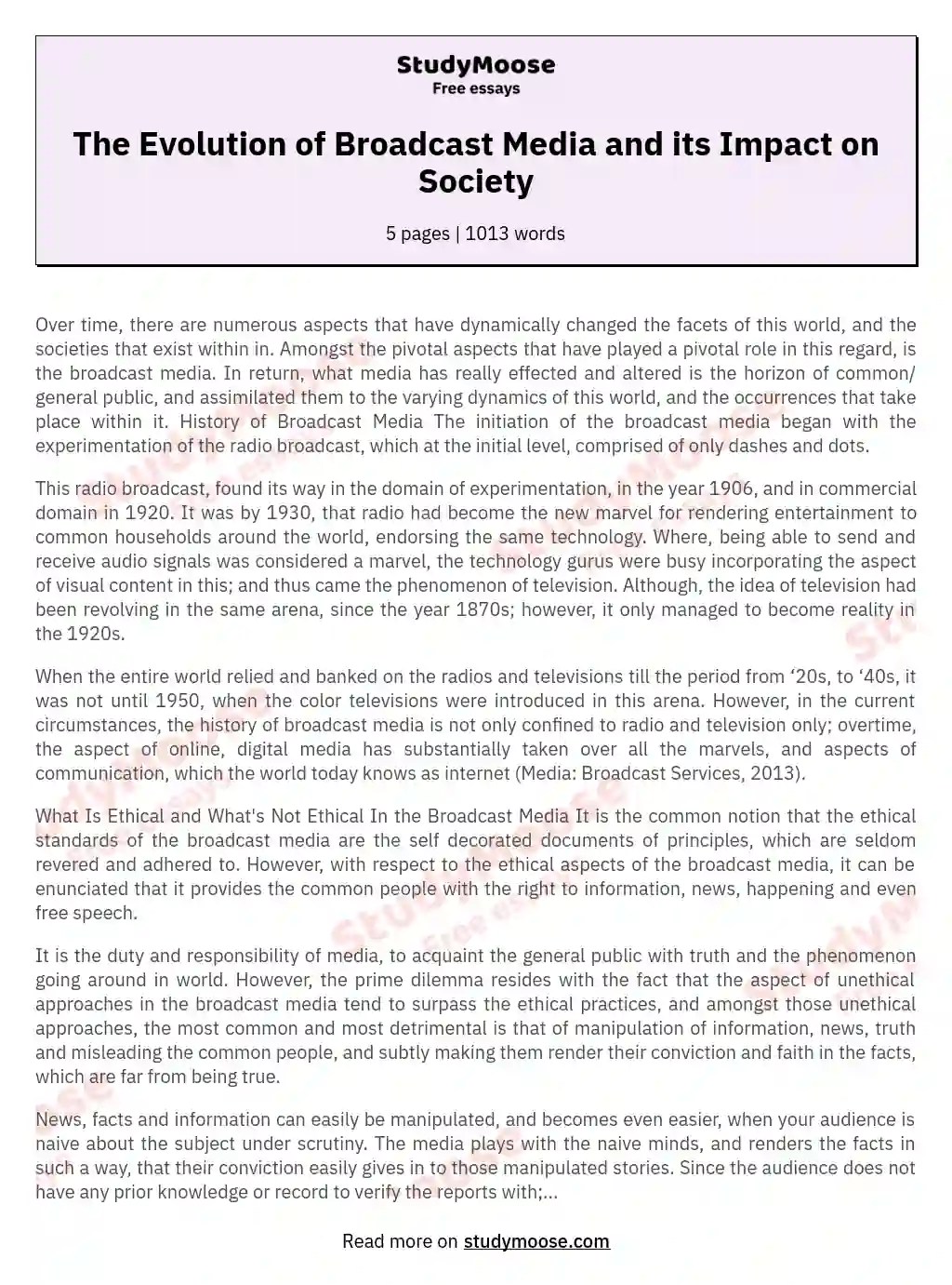 The Evolution of Broadcast Media and its Impact on Society Free Essay