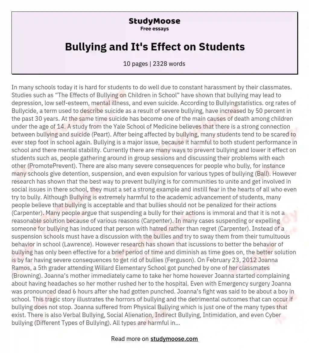 Bullying and It's Effect on Students Free Essay Example