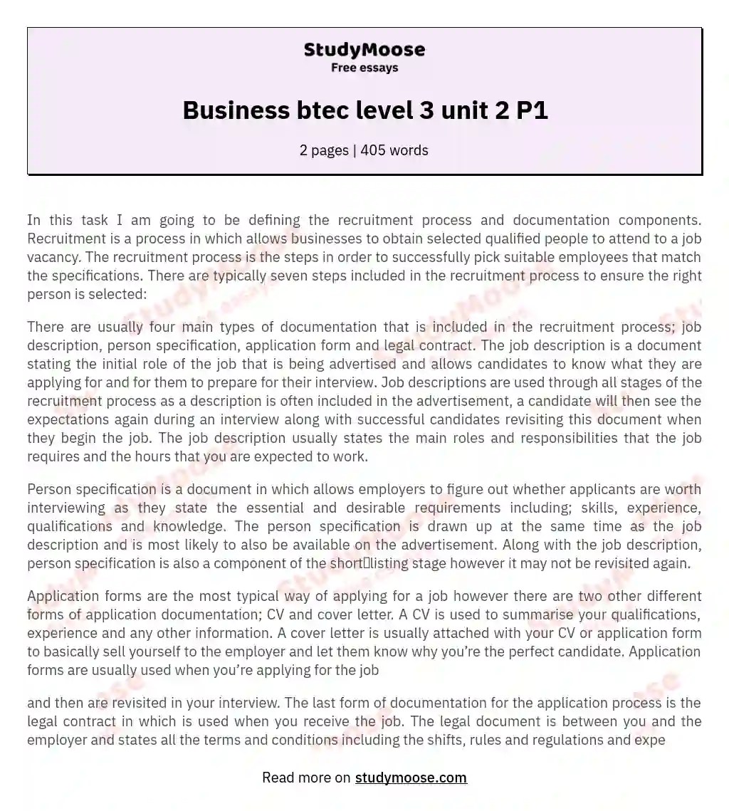 Business btec level 3 unit 2 P1 Free Essay Example