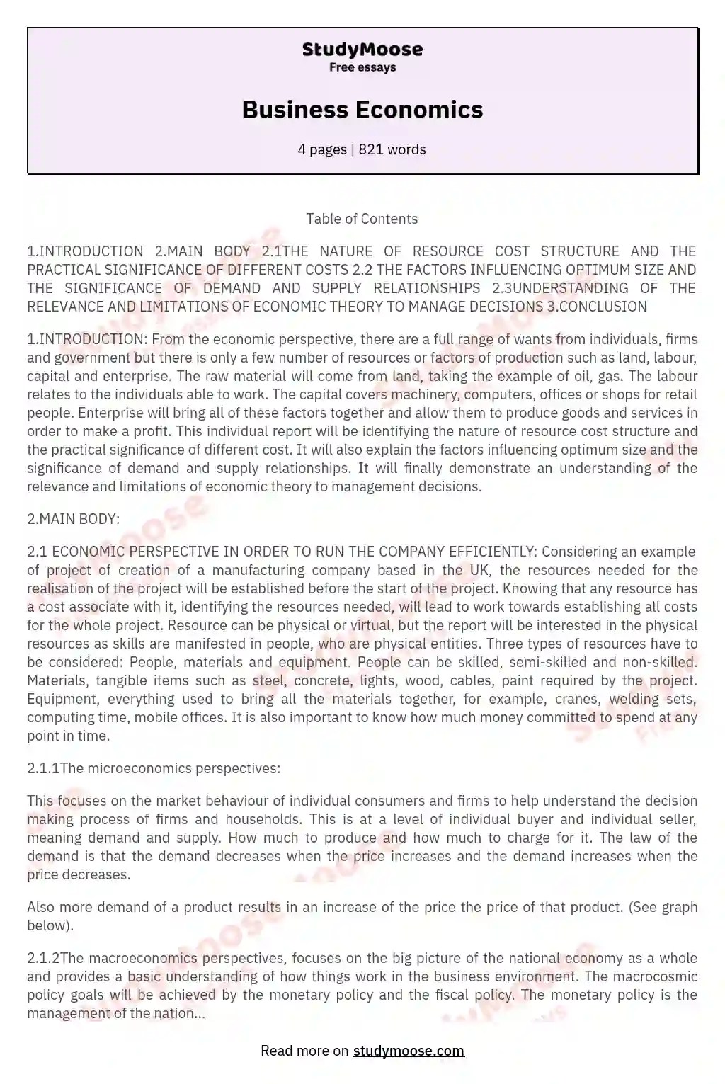 Business Economics Free Essay Example