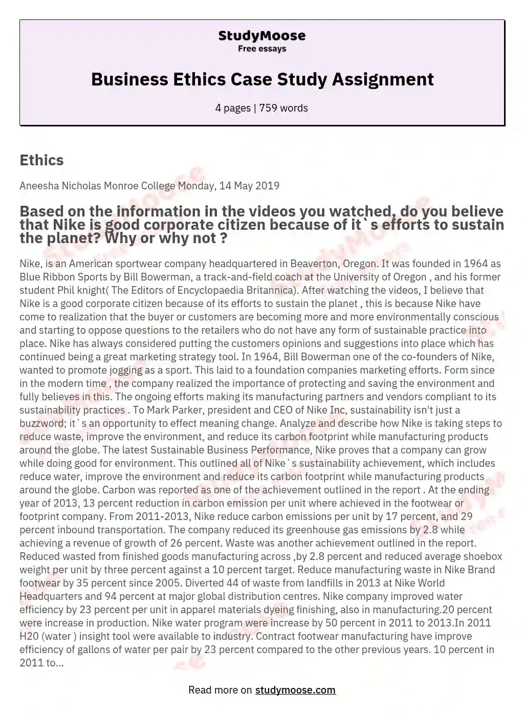 Business Ethics Case Study Assignment Free Essay Example