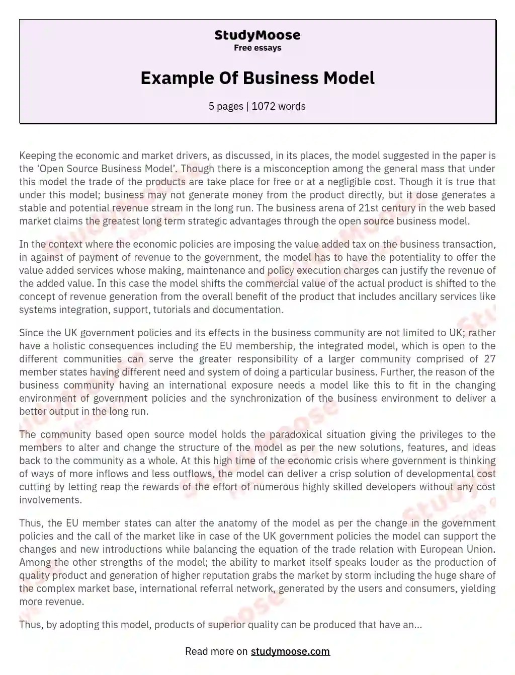 Example Of Business Model Free Essay Example