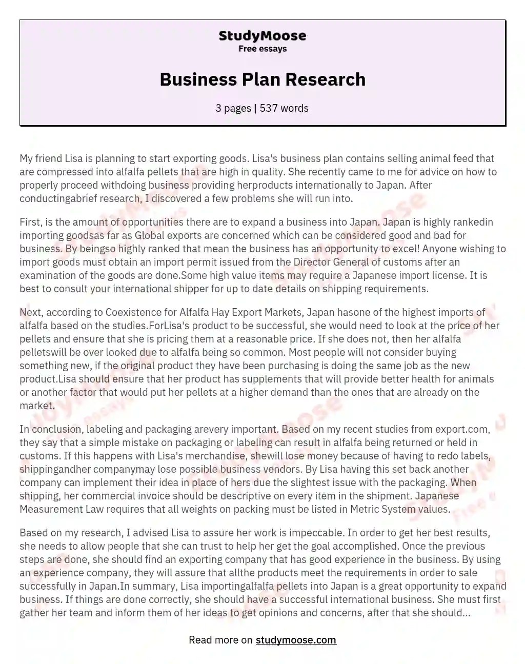 Business Plan Research Free Essay Example