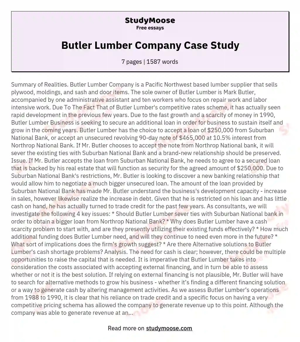 Butler Lumber Company Case Study Free Essay Example