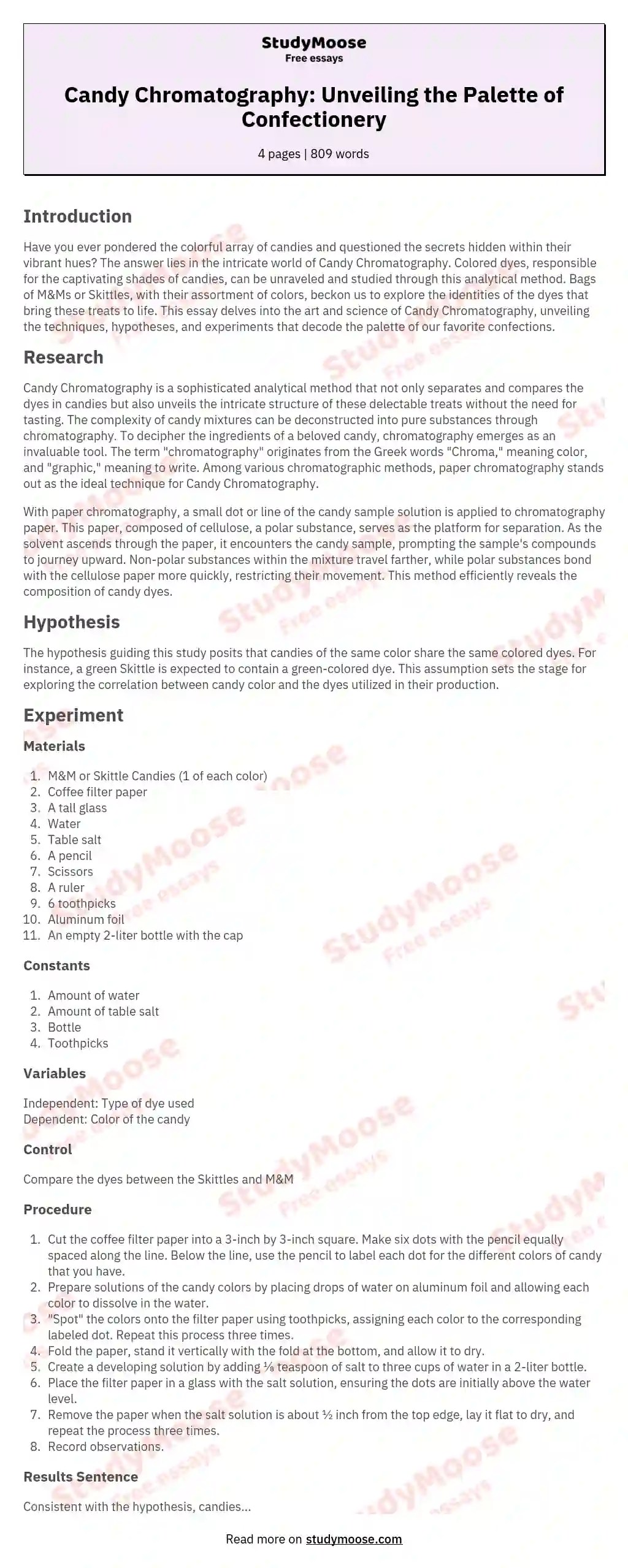 Candy Chromatography Research Paper Example Free Essay