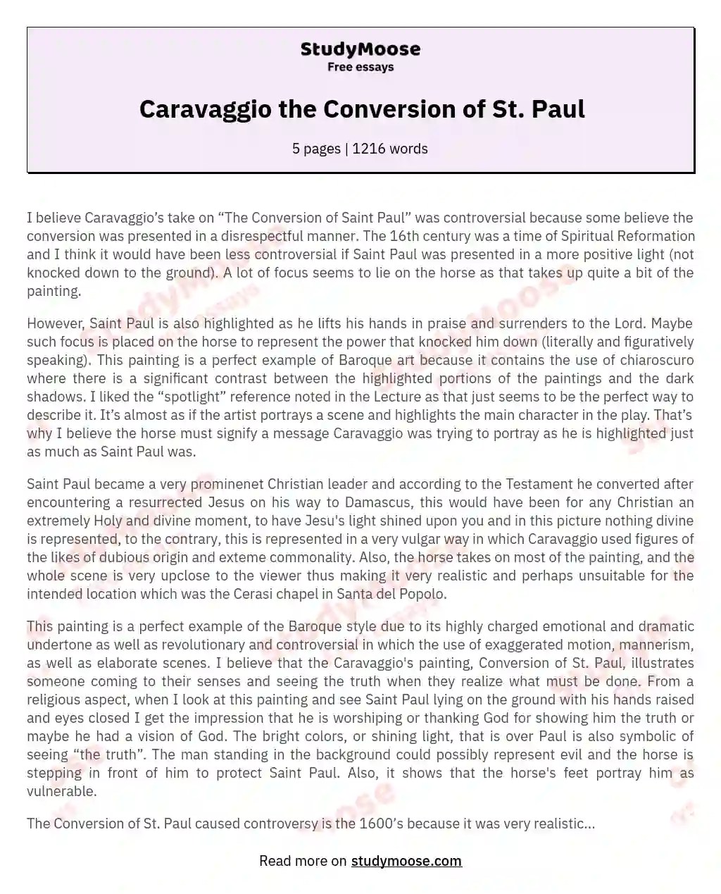 Caravaggio the Conversion of St. Paul Free Essay Example