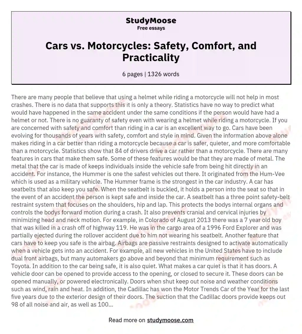 Cars vs. Motorcycles Safety, Comfort, and Practicality Free Essay Example