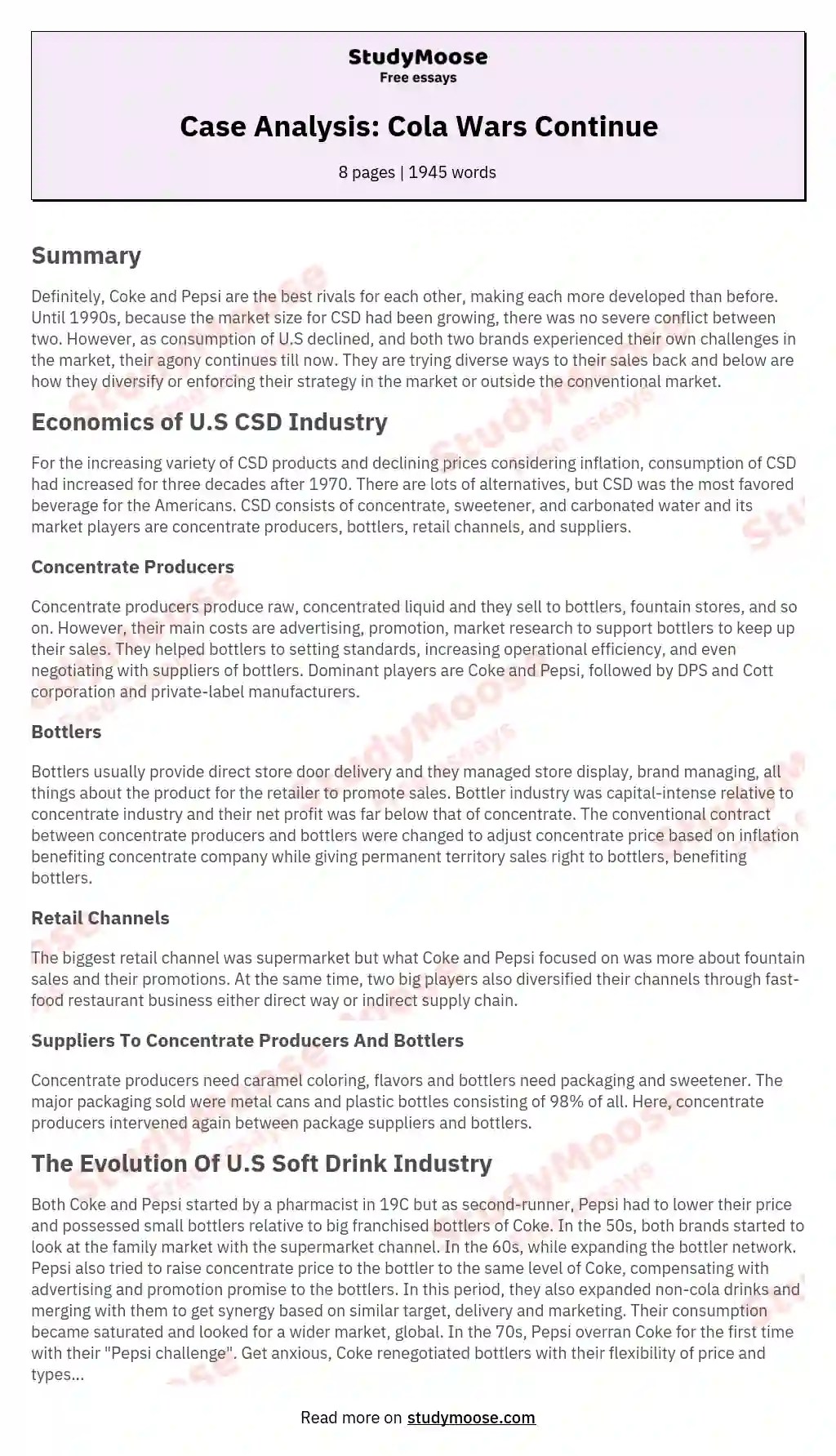 Case Analysis Cola Wars Continue Free Essay Example