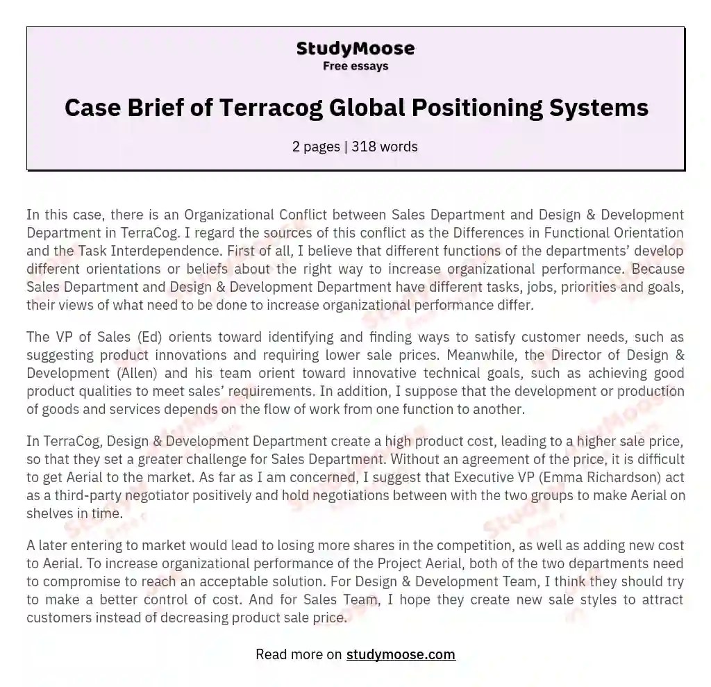 Case Brief of Terracog Global Positioning Systems Free Essay Example
