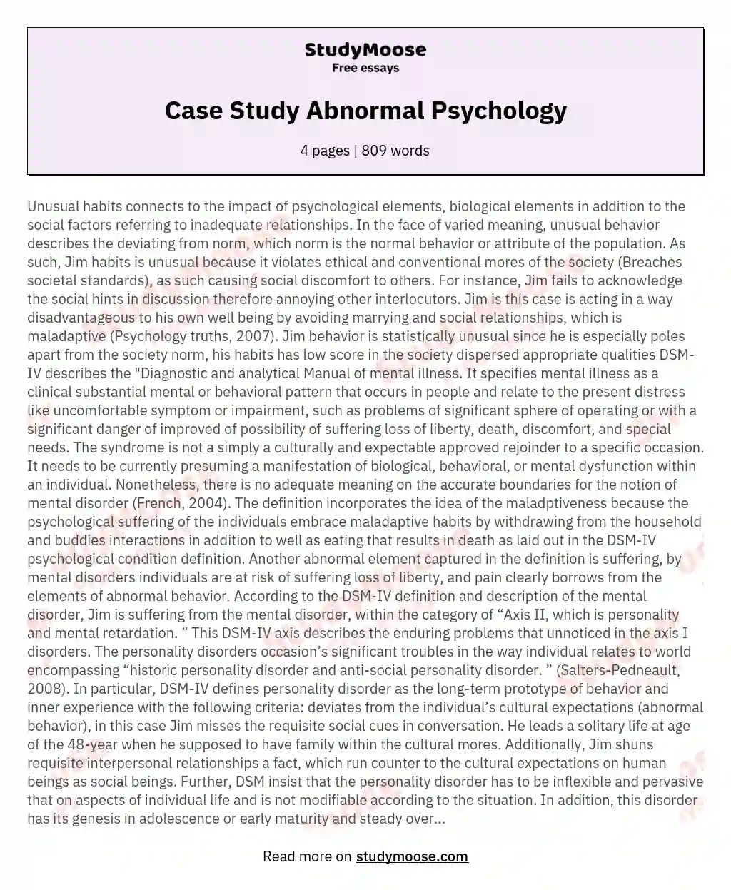Case Study Abnormal Psychology Free Essay Example