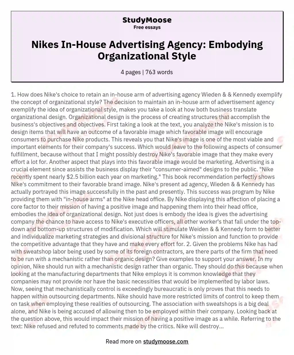 Nikes InHouse Advertising Agency Embodying Organizational Style Free