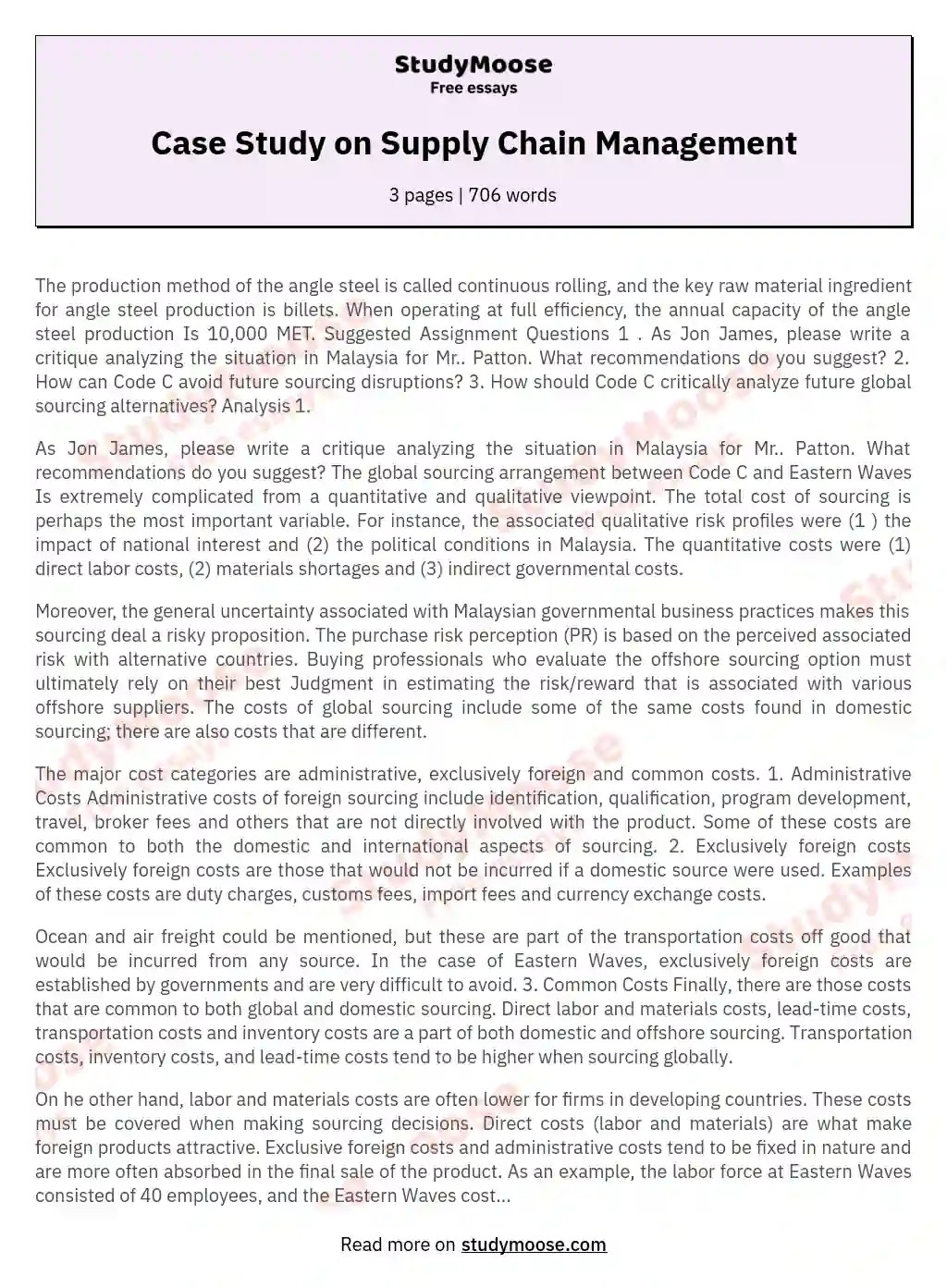 Case Study on Supply Chain Management Free Essay Example