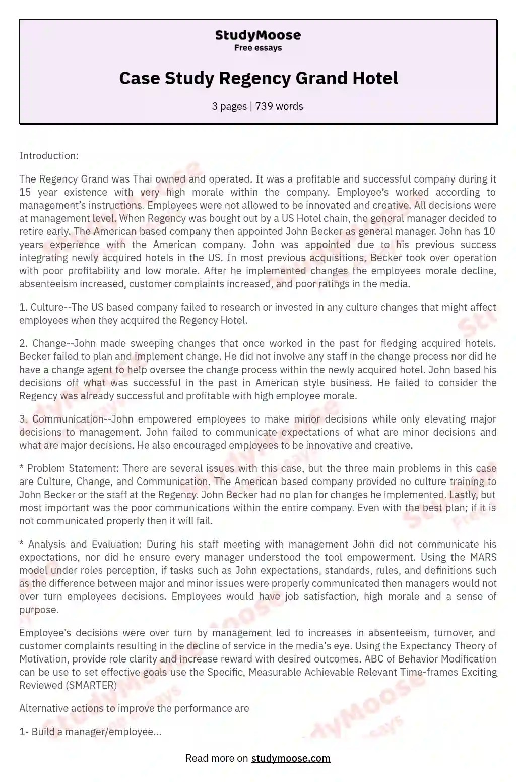 Case Study Regency Grand Hotel Free Essay Example