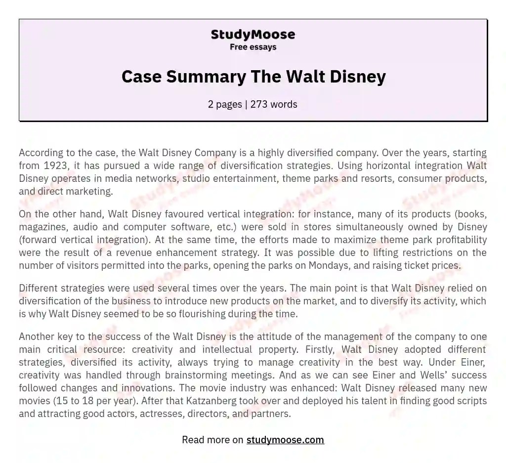 Case Summary The Walt Disney Free Essay Example