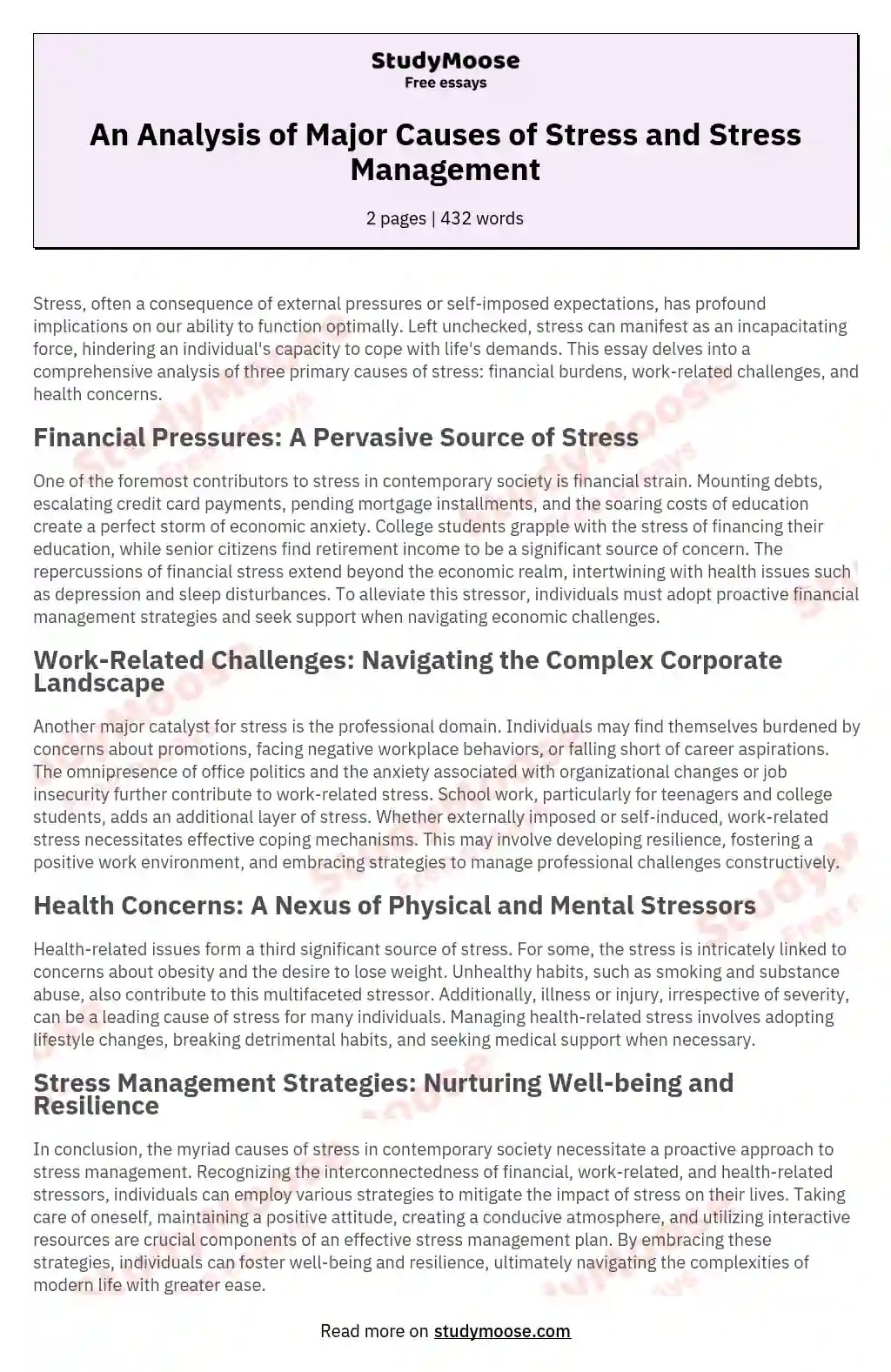 An Analysis of Major Causes of Stress and Stress Management Free Essay