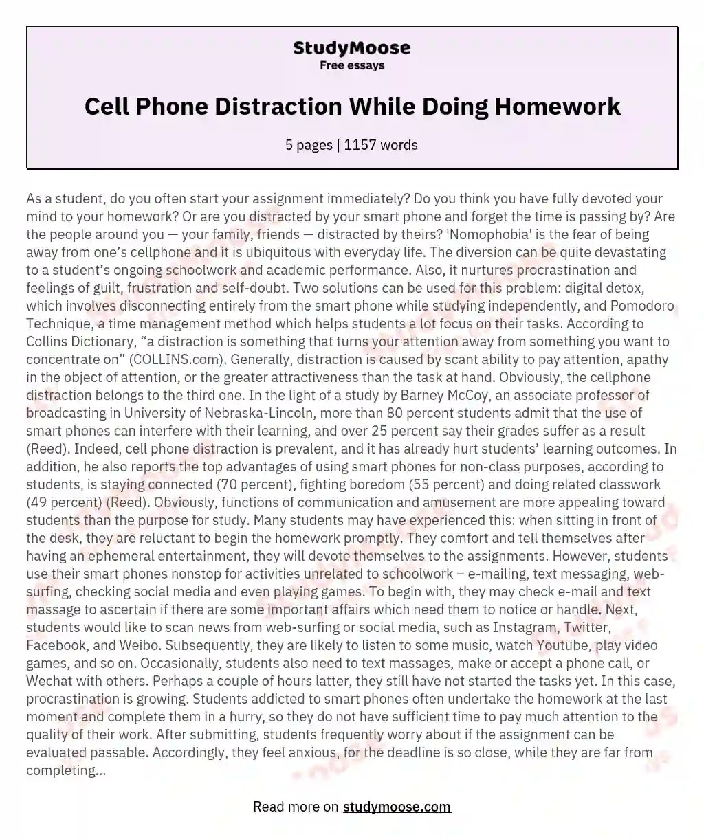Cell Phone Distraction While Doing Homework Free Essay Example