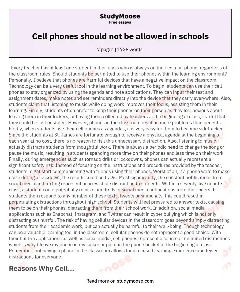 Cell phones should not be allowed in schools Free Essay Example