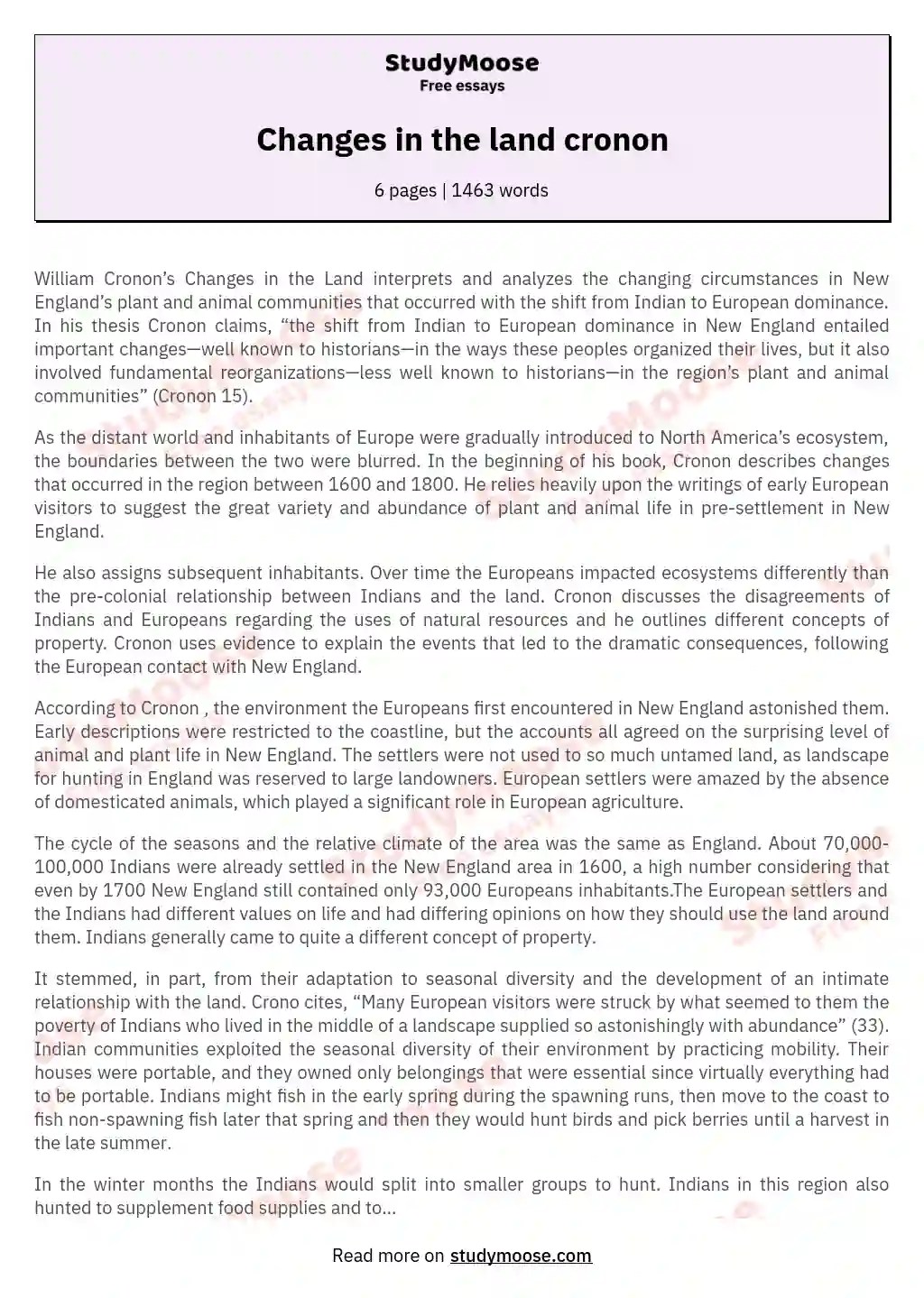 Changes in the land cronon Free Essay Example