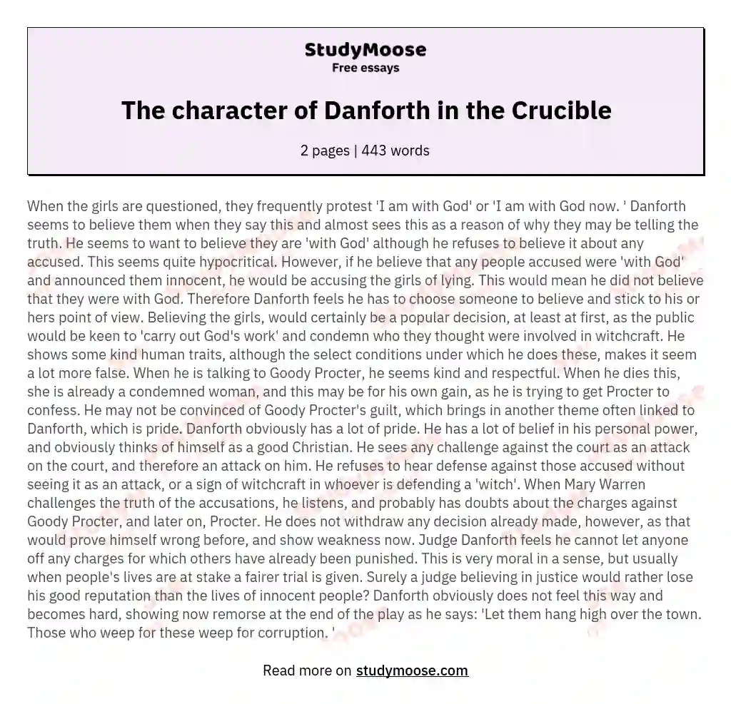 The character of Danforth in the Crucible Free Essay Example