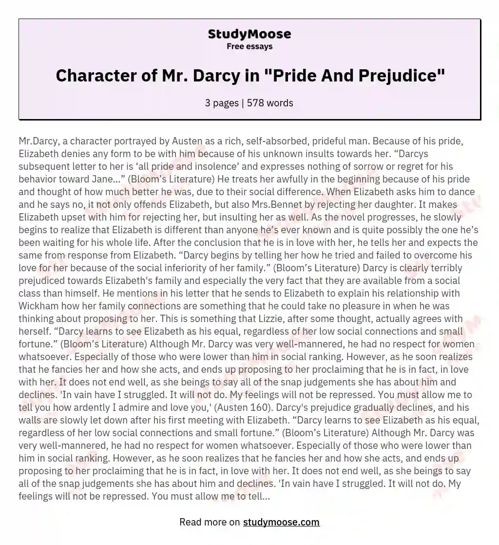 Character of Mr. Darcy in "Pride And Prejudice" Free Essay Example