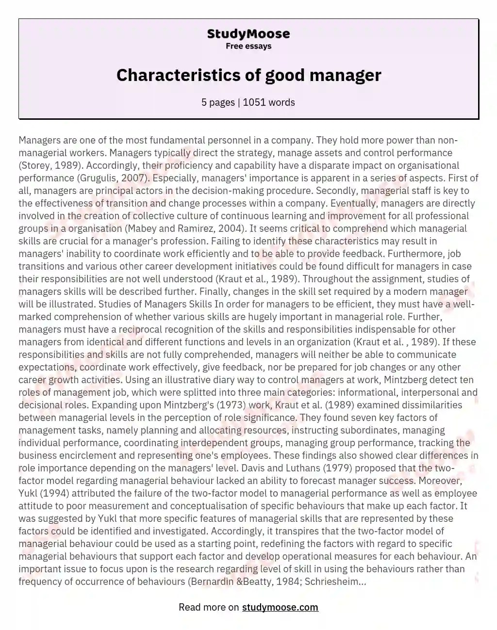 Characteristics of good manager Free Essay Example